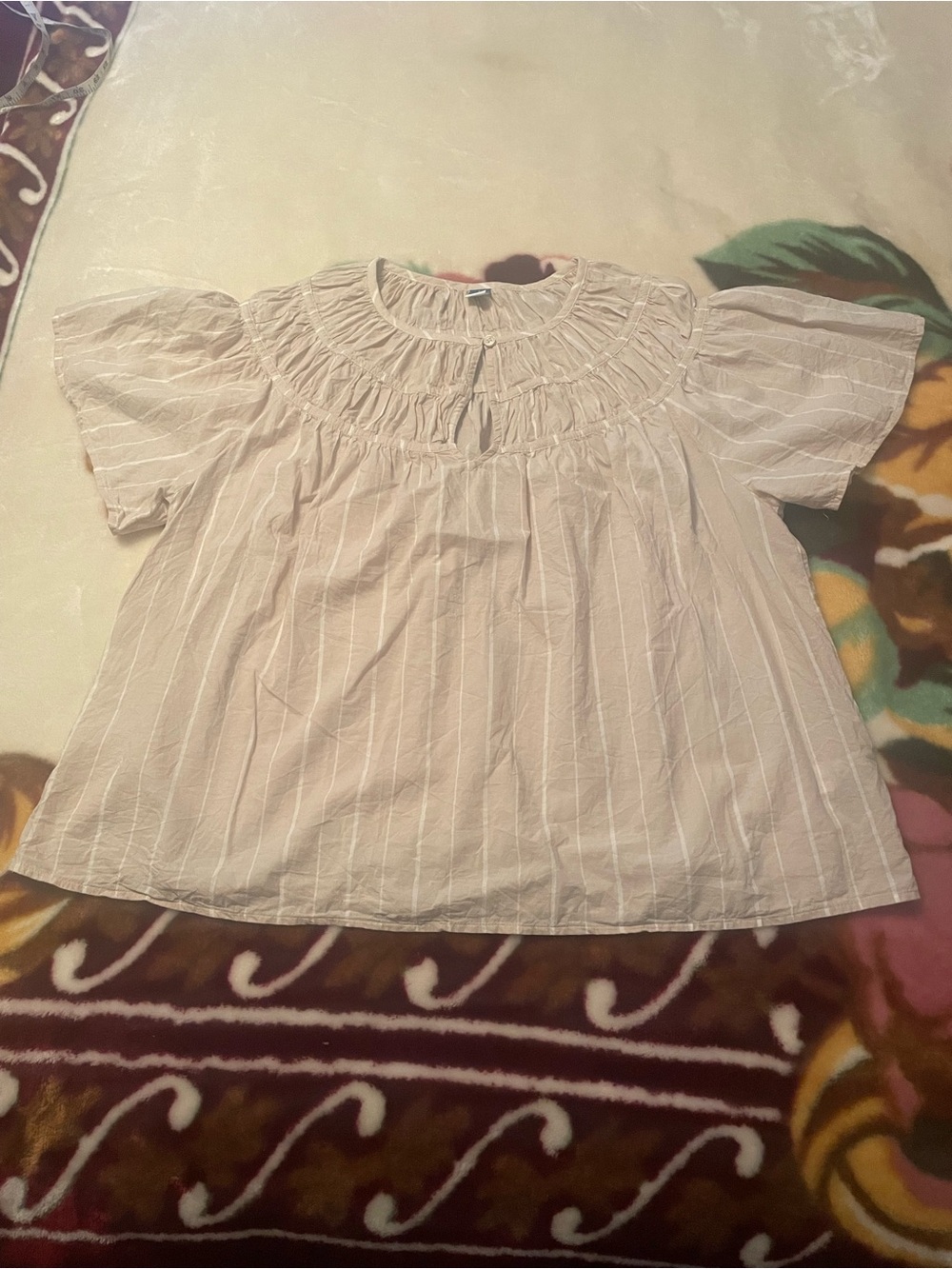 Old Navy Womens Size Large Tan White Striped Smocked Yoke Cotton Blouse